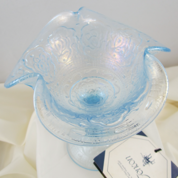 Fenton Ice Velva Blue Persian Medallion Art Carnival Glass Tri-Corner Compote Stretchy