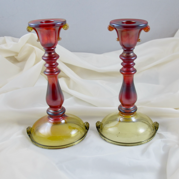 Antique Imperial Double Scroll Red Carnival Glass Candleholders