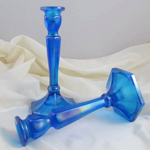 Antique Northwood Colonial Sapphire Blue Stretch Carnival Glass Candleholders #695