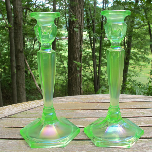 Antique Fenton Ice Green Florentine Stretch Carnival Glass Candleholders #449