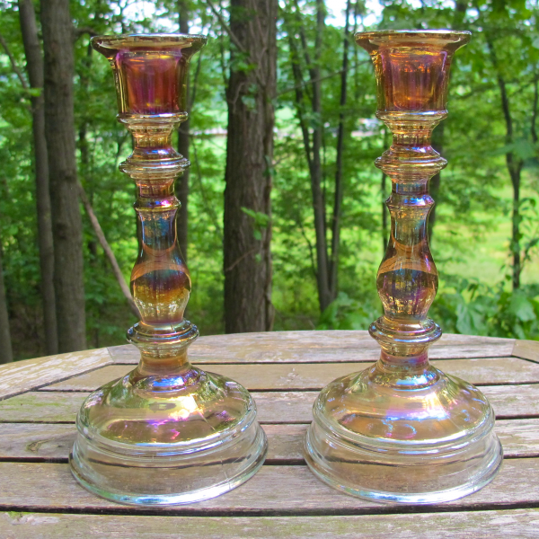 Antique Imperial Spindle Premium Smoke Carnival Glass Candleholders