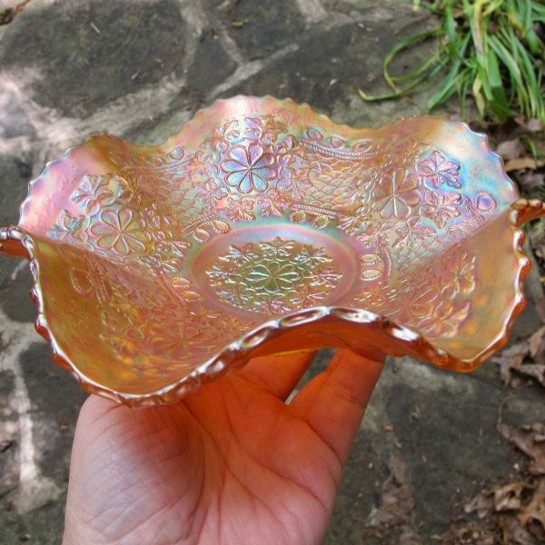 Antique Fenton Leaf Chain Pumpkin Marigold Carnival Glass Mid-size Bowl