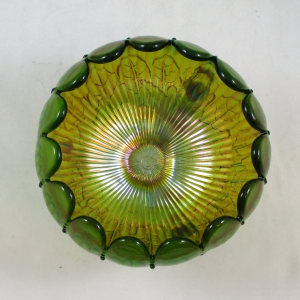 Antique Northwood Green Leaf & Beads Carnival Glass Rose Bowl