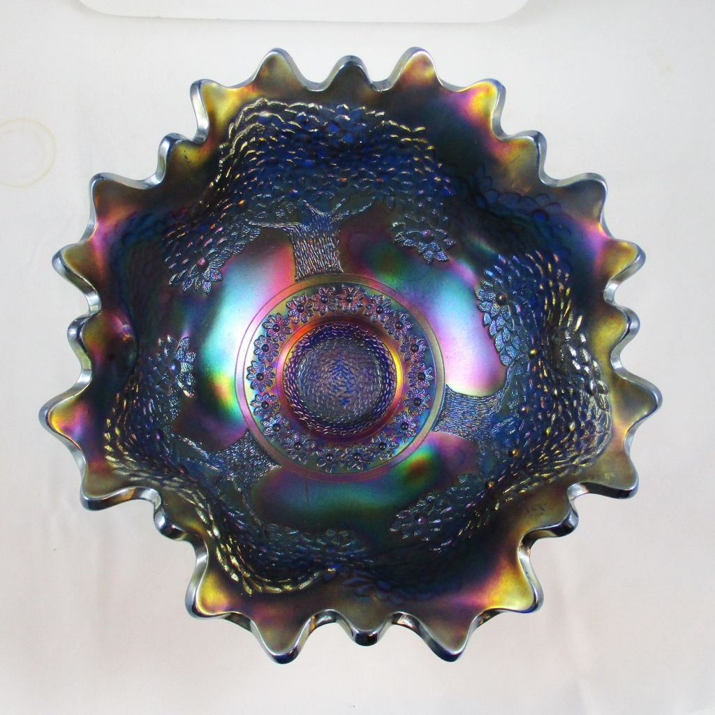 Antique Fenton Blue Orange Tree Carnival Glass Large Fruit Bowl