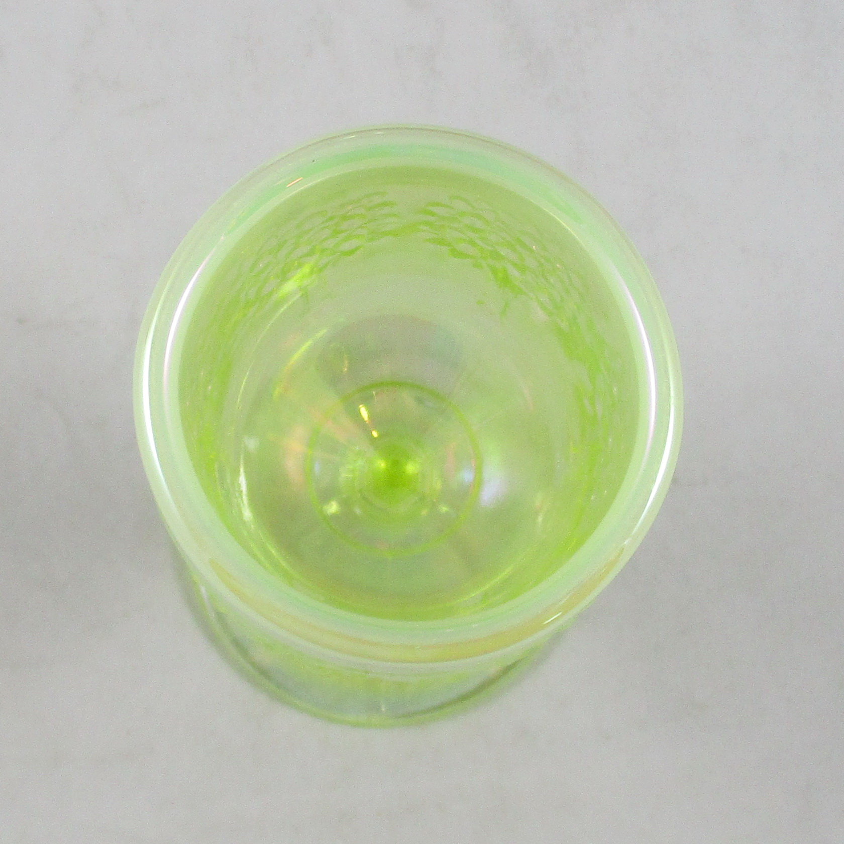 Fenton Vaseline Opal Orange Tree Carnival Glass Goblet 2001 Fenton Vaseline Opal Orange Tree Carnival Glass Goblet 2001