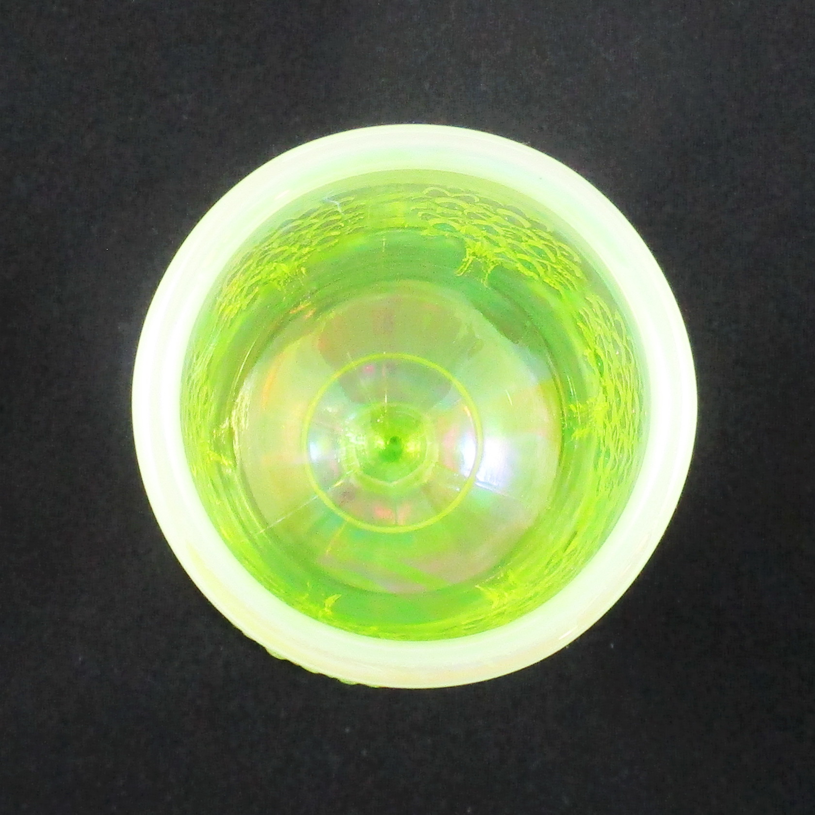 Fenton Vaseline Opal Orange Tree Carnival Glass Goblet 2001 Fenton Vaseline Opal Orange Tree Carnival Glass Goblet 2001