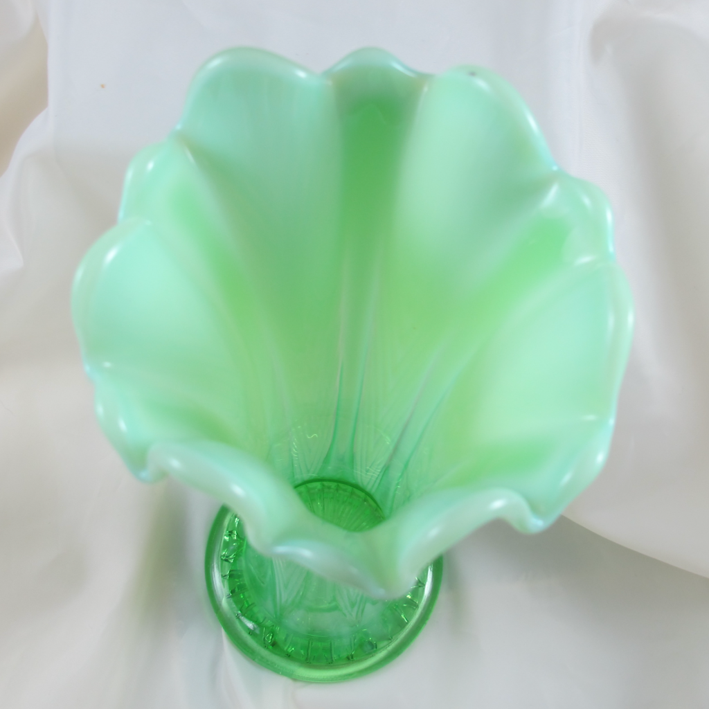 Antique Northwood Feathers Green Opalescent Glass Vase Carnival Glass