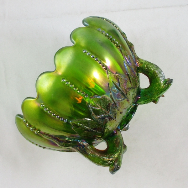 Antique Northwood Green Leaf & Beads w/Sunflower Carnival Glass Rose Bowl