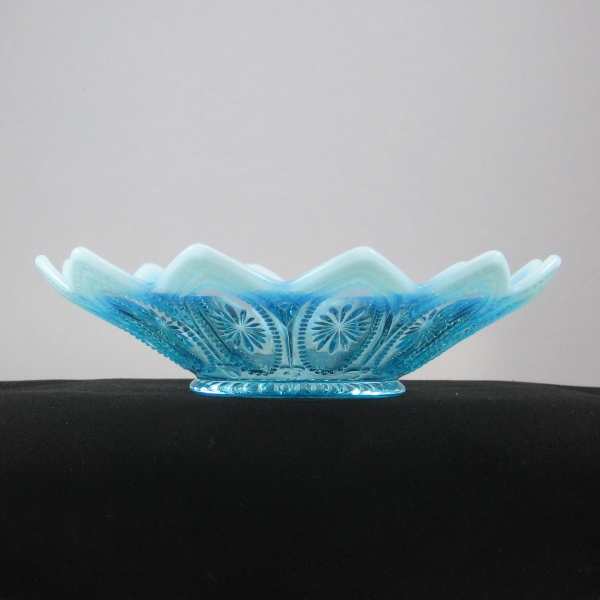 Antique Northwood Blue Opalescent Glass Spoke and Wheels Bowl
