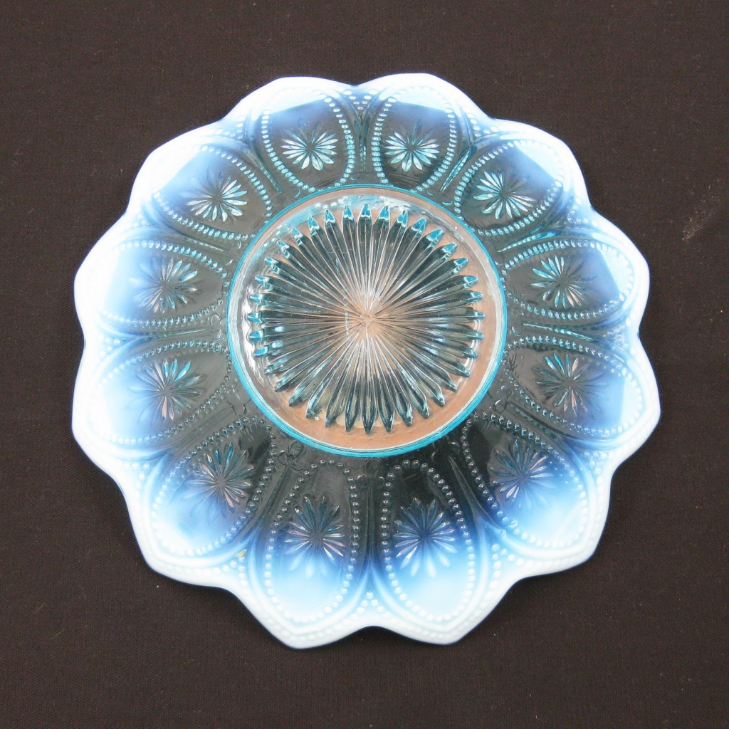 Antique Northwood Blue Opalescent Glass Spoke and Wheels Bowl Carnival Glass