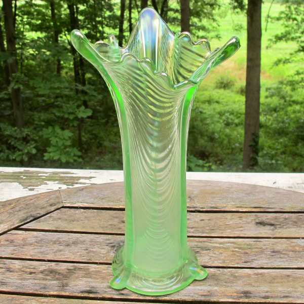 Antique Northwood Ice Green Drapery Carnival Glass Vase - Unusual Shaped