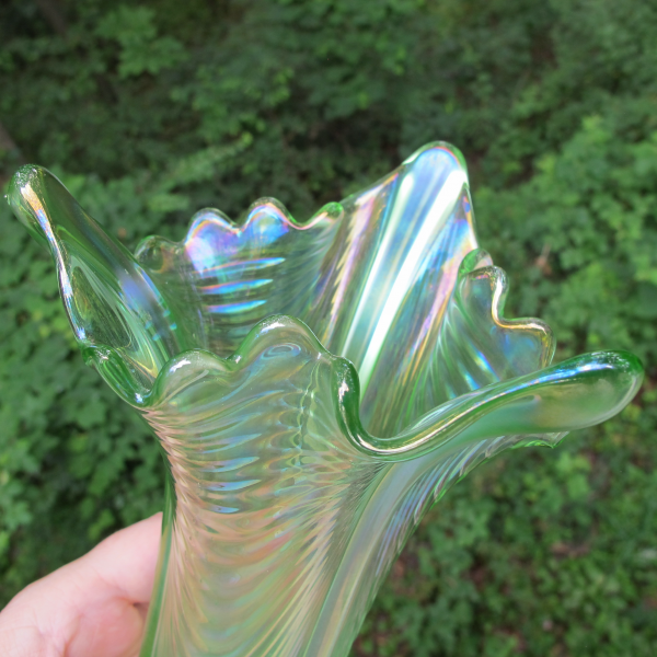 Antique Northwood Ice Green Drapery Carnival Glass Vase - Unusual Shaped