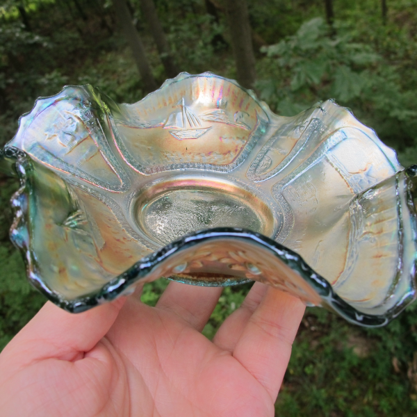 Antique Fenton Aqua Sailboats Carnival Glass Small Bowl