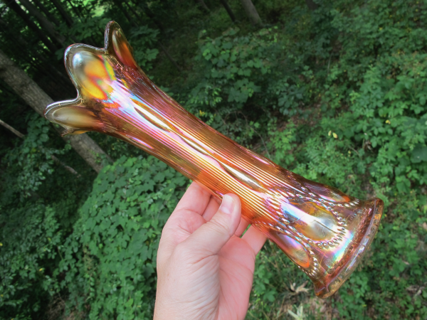 Antique Imperial Marigold Beaded Bullseye Carnival Glass Odd Top Vase