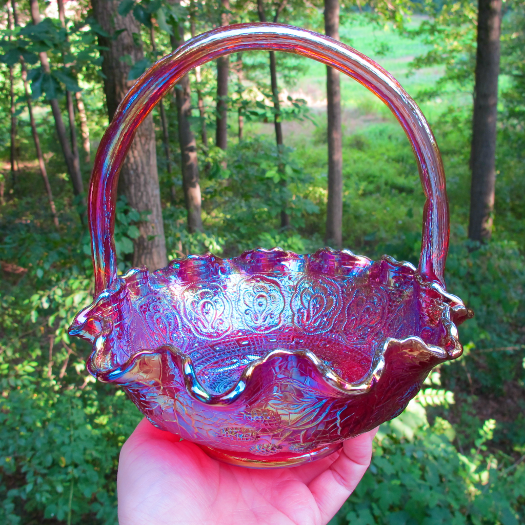Fenton Red Persian Medallion Carnival Glass Ruffled Basket Carnival Glass