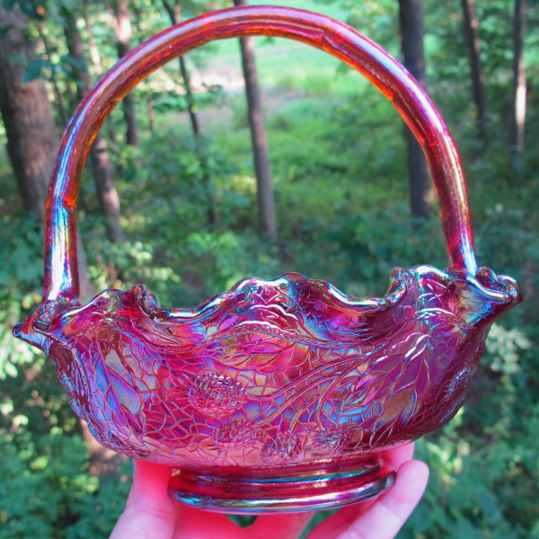 Fenton Red Persian Medallion Carnival Glass Ruffled Basket