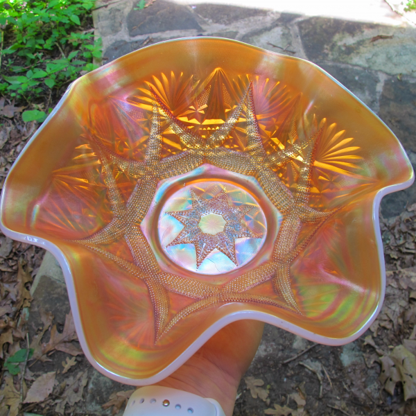 Antique Dugan Ski Star Peach Opal Carnival Glass Large Deep Bowl
