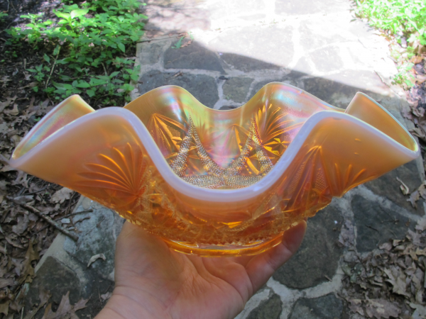 Antique Dugan Ski Star Peach Opal Carnival Glass Large Deep Bowl