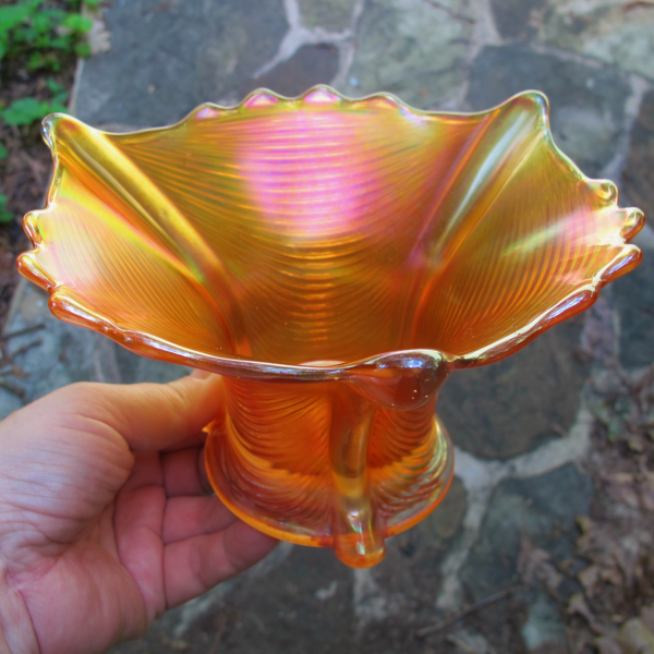 Antique Northwood Drapery Pumpkin Marigold Carnival Glass Flared Vase Candy Dish
