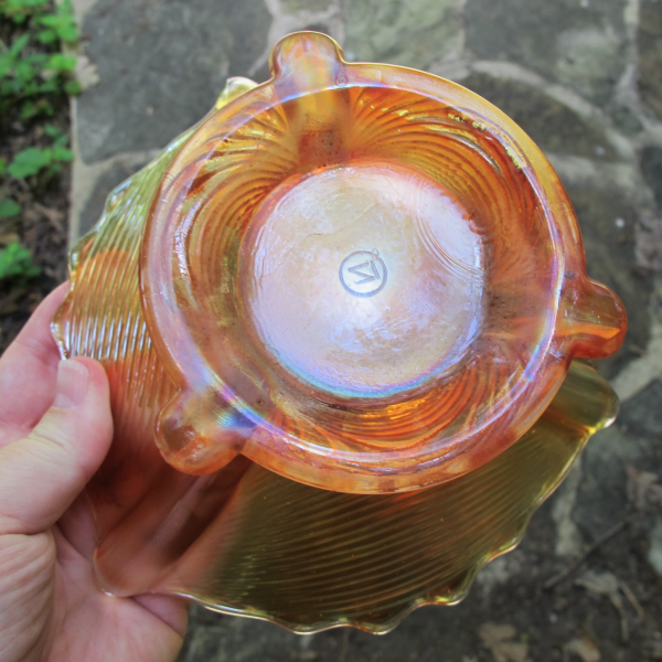 Antique Northwood Drapery Pumpkin Marigold Carnival Glass Flared Vase Candy Dish