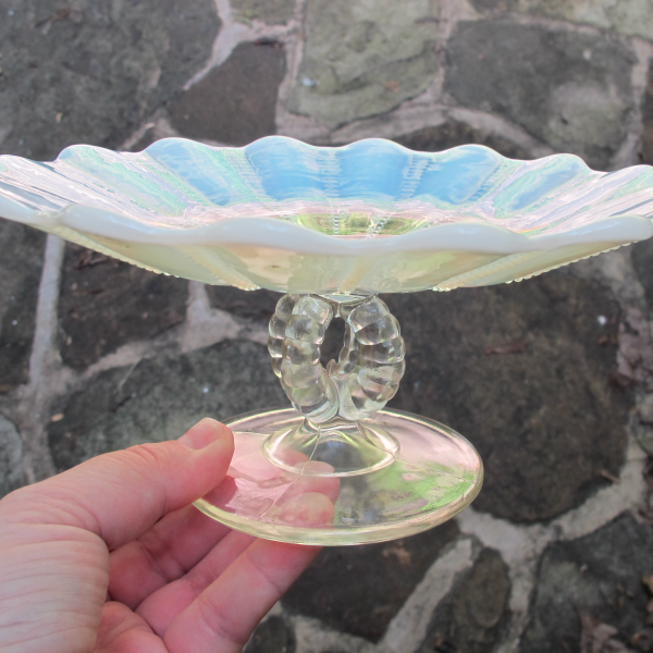 Antique Northwood Opal Open Beaded Panels White Opalescent Glass Card Tray Compote