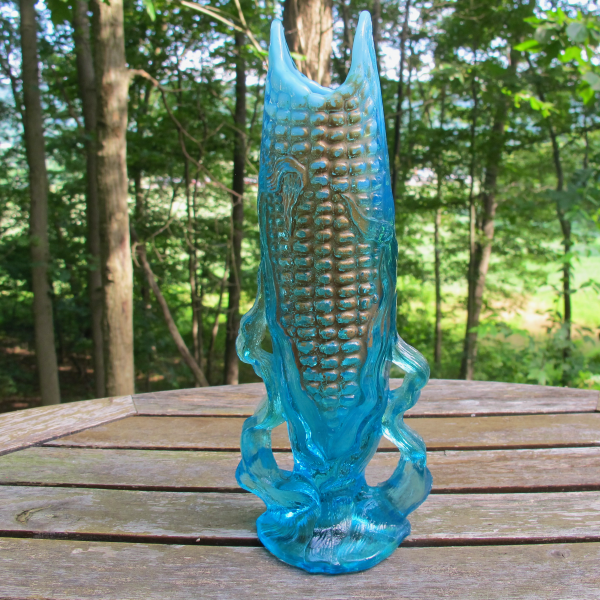 Antique Dugan Blue Opalescent Glass Corn Vase Goofus Painted!