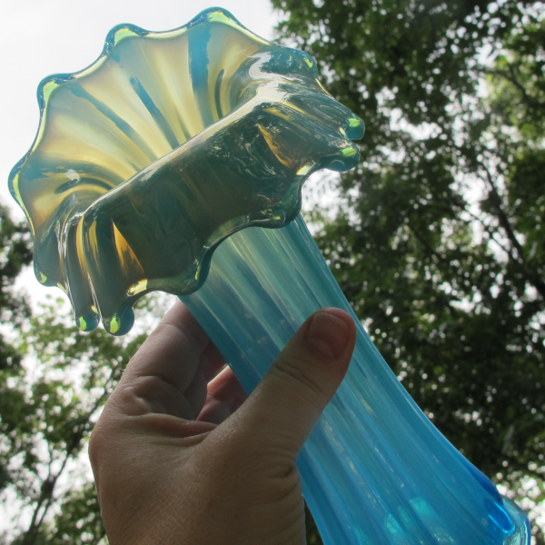 Antique Westmoreland Blue Opal Corinth Carnival Glass JIP Vase Opalescent