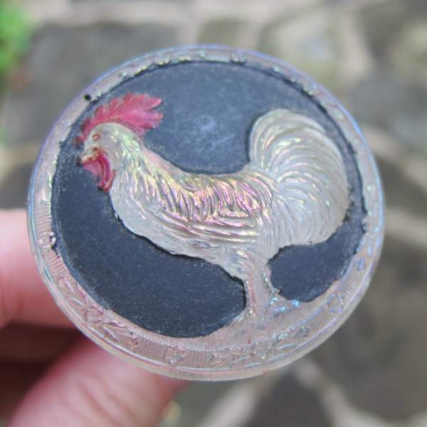 Antique "Rooster" Painted White Carnival Glass Hatpin