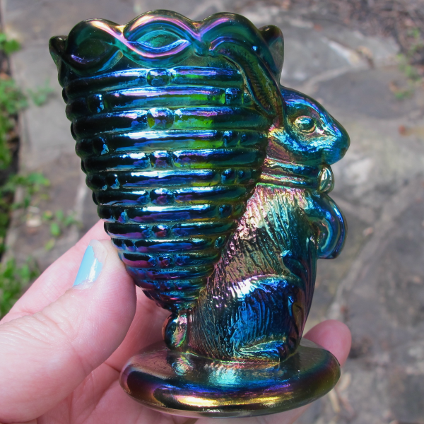 Robert Hansen Sapphire Blue Rabbit and Basket Carnival Glass Toothpick Holder