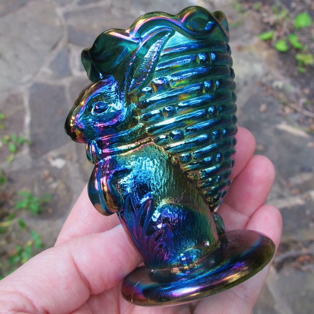 Robert Hansen Sapphire Blue Rabbit and Basket Carnival Glass