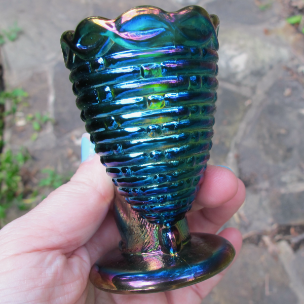 Robert Hansen Sapphire Blue Rabbit and Basket Carnival Glass Toothpick Holder