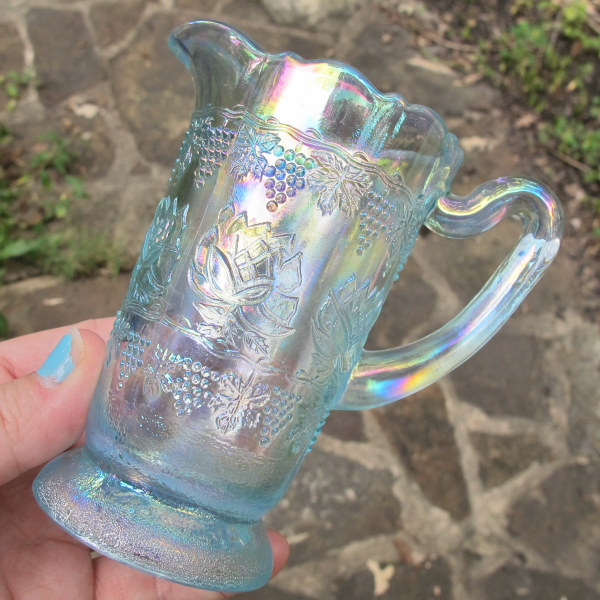 Fenton Dorothy Taylor Ice Blue Opal Wine & Roses Carnival Glass Miniature Pitcher