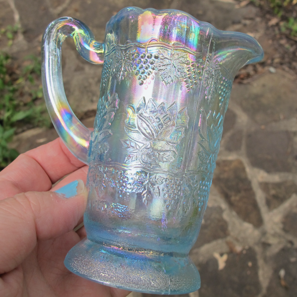 Fenton Dorothy Taylor Ice Blue Opal Wine & Roses Carnival Glass Miniature Pitcher