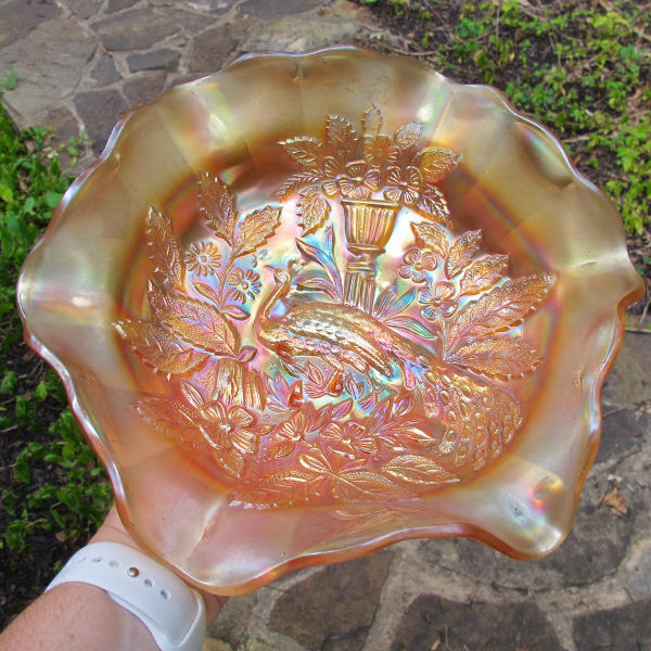 Antique Millersburg Peacock & Urn Marigold Carnival Glass Large Bowl
