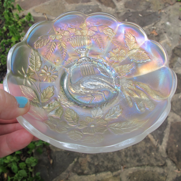 Antique Northwood Peacock and Urn White Carnival Glass Flared Berry Bowl
