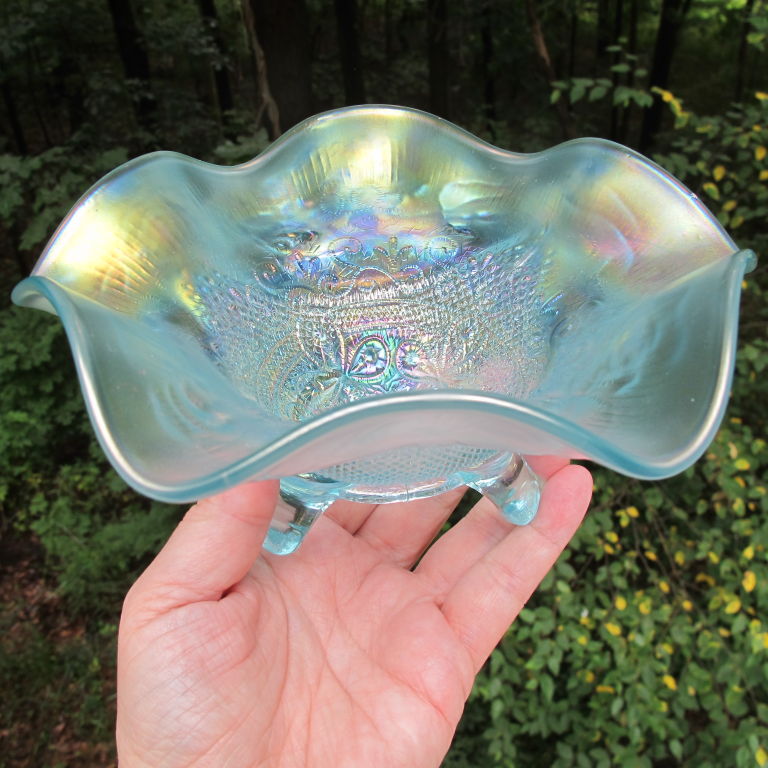 Antique Northwood Ice Blue Fine Cut & Roses Carnival Glass Candy Dish