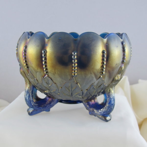 Antique Northwood Sapphire Blue Leaf and Beads Carnival Glass Rose Bowl