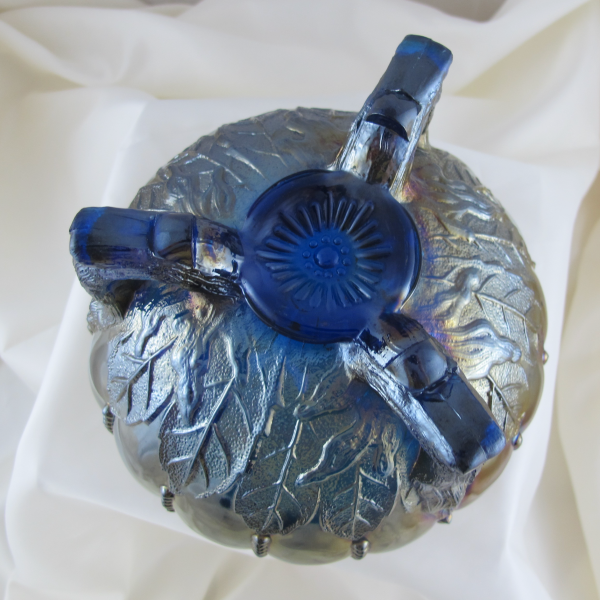 Antique Northwood Sapphire Blue Leaf and Beads Carnival Glass Rose Bowl