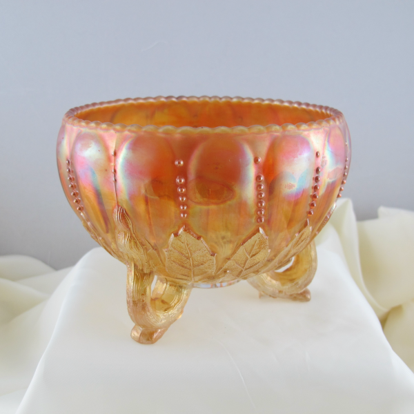 Antique Northwood Leaf & Beads Pumpkin Marigold Carnival Glass Rose Bowl w Beaded Rim