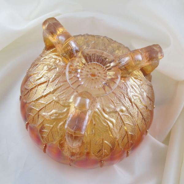 Antique Northwood Leaf & Beads Pumpkin Marigold Carnival Glass Rose Bowl w Beaded Rim