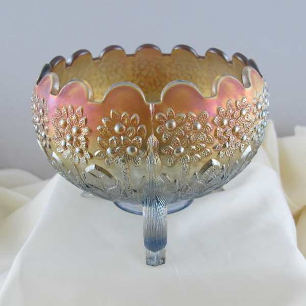 Antique Fenton Fenton’s Flowers Smoky Blue Carnival Glass Rose Bowl – RARE COLOR!
