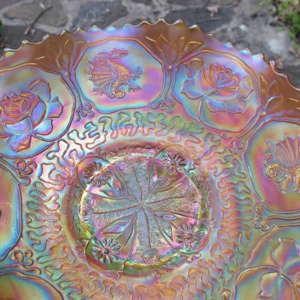 Antique Fenton Dragon & Lotus Marigold Carnival Glass Bowl - PINK!