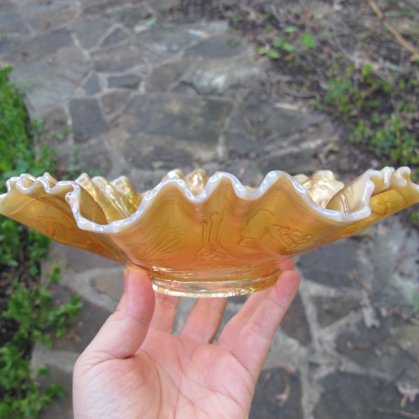 Antique Fenton Peach Opal Dragon & Lotus Carnival Glass 3N1 Bowl