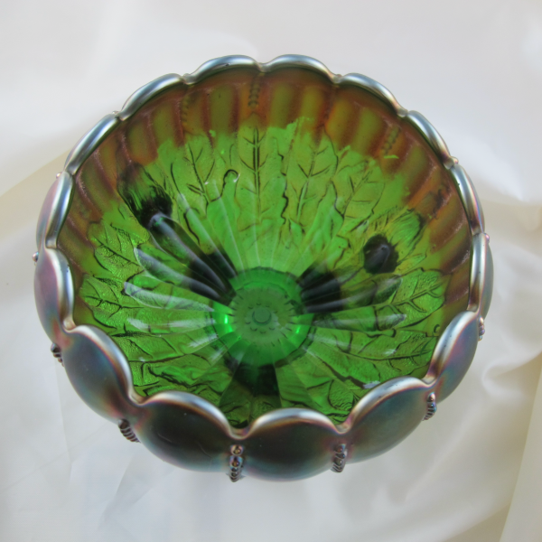 Antique Northwood Leaf & Beads Green Carnival Glass Rose Bowl - Sunflower Int.