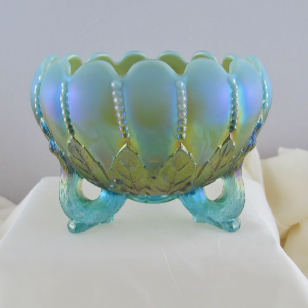 Antique Northwood Aqua Opal Leaf and Beads Carnival Glass Rose Bowl