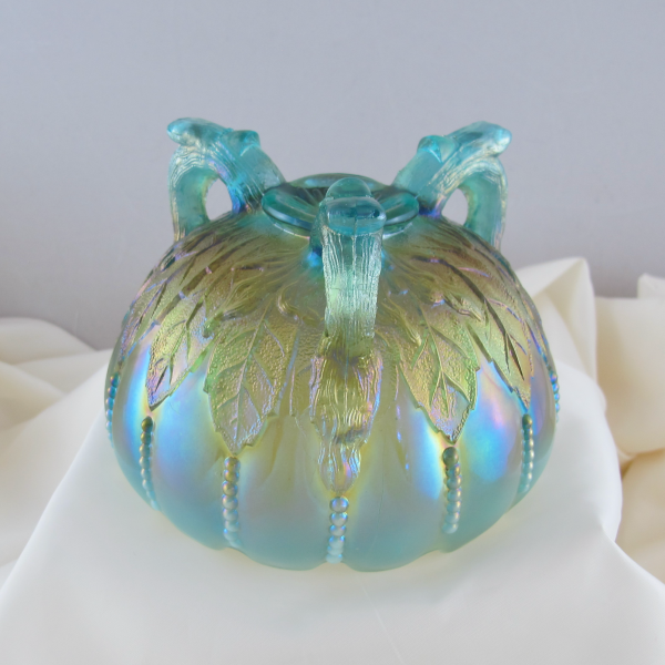 Antique Northwood Aqua Opal Leaf and Beads Carnival Glass Rose Bowl