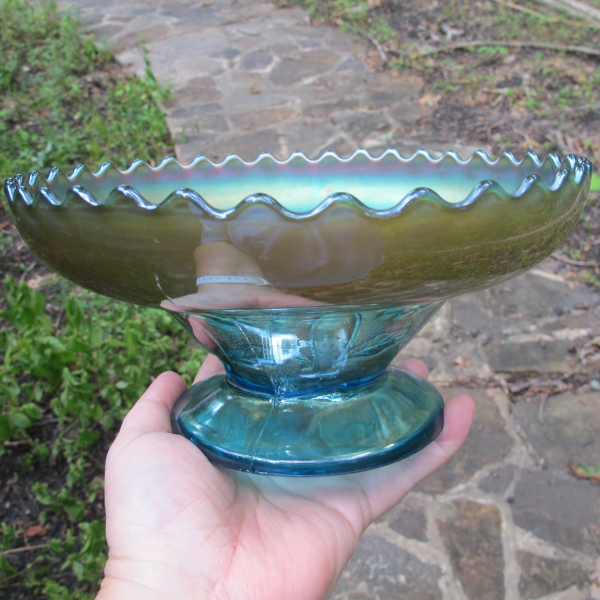 Antique Dugan Sapphire Blue Double Stem Rose Carnival Glass ICS Bowl - RARE