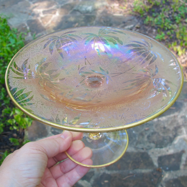 Antique Fostoria Brocaded Palms Pink Iridescent Carnival Glass Salver
