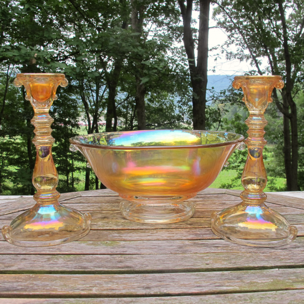 Antique Imperial Double Scroll Marigold Carnival Glass Console Set