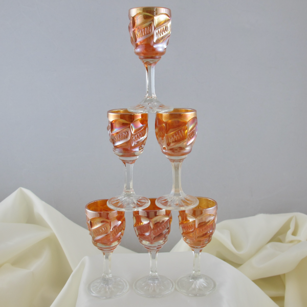 Antique Zipper Stitch Marigold Carnival Glass Cordial Set - Decanter w Undertray
